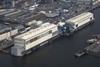 Aerial view of the roofed building docks 5 and 6 of Blohm + Voss Shipyards