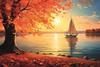 Firefly sailboat in distance, early morning sun, tree in foreground with autumn leaves flying in the (1)