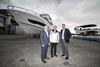 (l-r) Michael Straughan (COO), HRH The Earl of Wessex, Phil Popham (CEO) in front of Sunseeker’s 76 