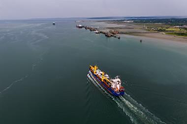 The BBC Bahrain, a Briese Chartering vessel, leaving port