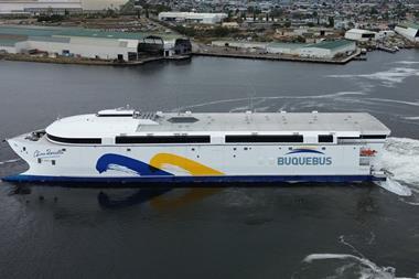 The new 130m ferry is powered by 8 waterjets and will operate on batteries only. It has capacity for 2,100 passengers and will ply the River Plate between Argentina and Uruguay.