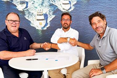 Riviera Monaco Dealer with Wes Moxey, Riviera CEO with Alex Treleani, Monaco Boat Group Managing Director and Chris McCafferty Riviera International Sales Director