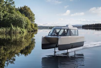 A Vessev VS-9 flying above the water alongside Finn Lough, a luxury forest hideaway on the shores of Lower Lough Erne in Northern Ireland (rendered image)
