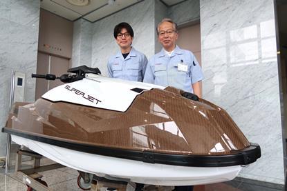 Tomoki Ito (left) and Kenjiro Fujii lead Yamaha’s efforts to develop FRP as a boat building material