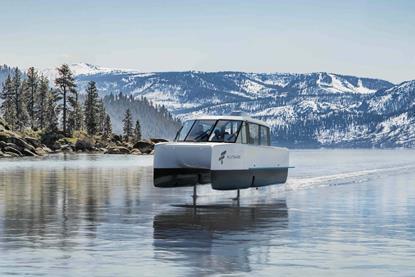 A render of FlyTahoe's VS–9, the electric hydrofoiling vessel set to operate on Lake Tahoe. Image courtesy of Vessev