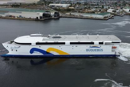 The new 130m ferry is powered by 8 waterjets and will operate on batteries only. It has capacity for 2,100 passengers and will ply the River Plate between Argentina and Uruguay.