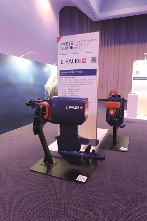 Keeping large outboards partially immersed aids temperature efficiency at high speed. This is the Swiss-built 400hp E-Falk, complete with counter-rotating props