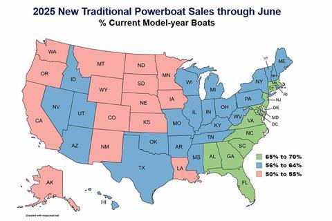 2025 New Traditional Powerboat Sales through June - US map