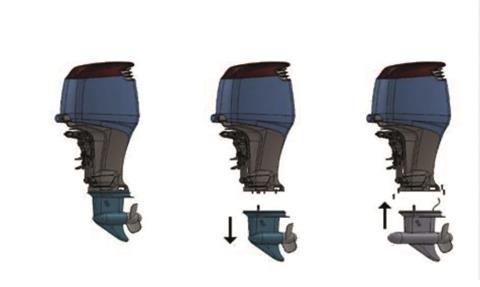 The Hello unit allows a relatively simple conversion of an existing combustion outboard by replacing the gearbox with a built-in electric drive
