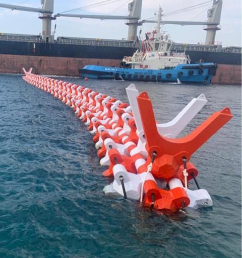 The barrier in place. Note the tough stainless-steel wires that lock the individual modules together. These help the barrier can withstand a high force of impact.