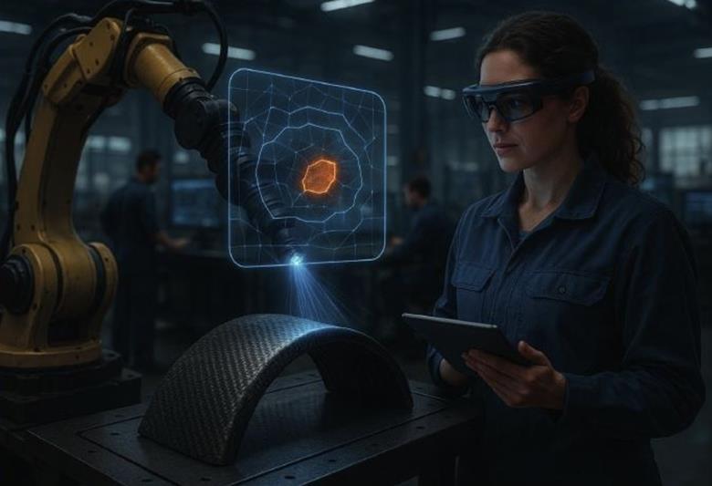 Zetamotion’s vision for the factory of 2035. Engineers wearing augmented reality glasses study a live holographic defect map cast on the component by a self-learning ‘semantic’ scanner.