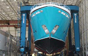 Hull #5 can be seen at the Princess M Class superyacht facility in South Yard, Plymouth